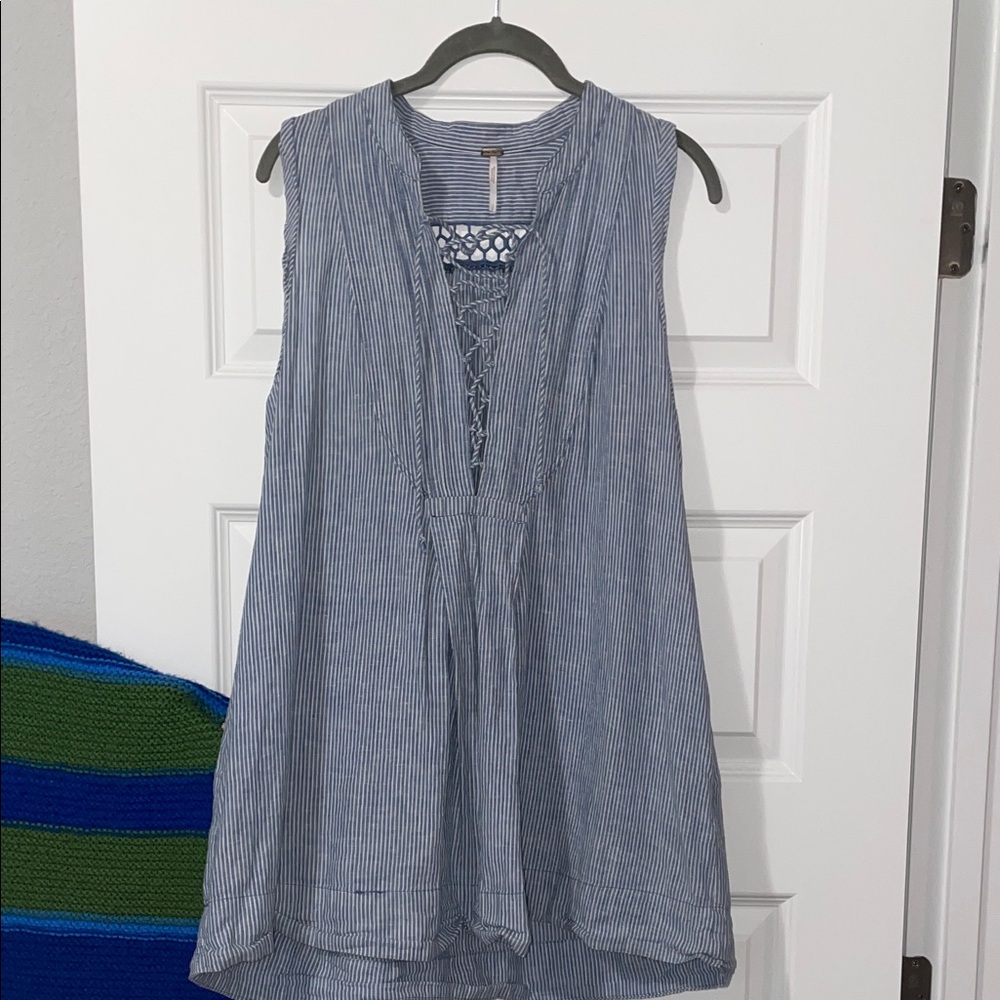 Free People Women’s Blue White Chambray Sleeveless Striped Mini Dress Size S